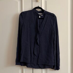 Derek Lam Navy Long-Sleeve Ruffle V-Neck Blouse